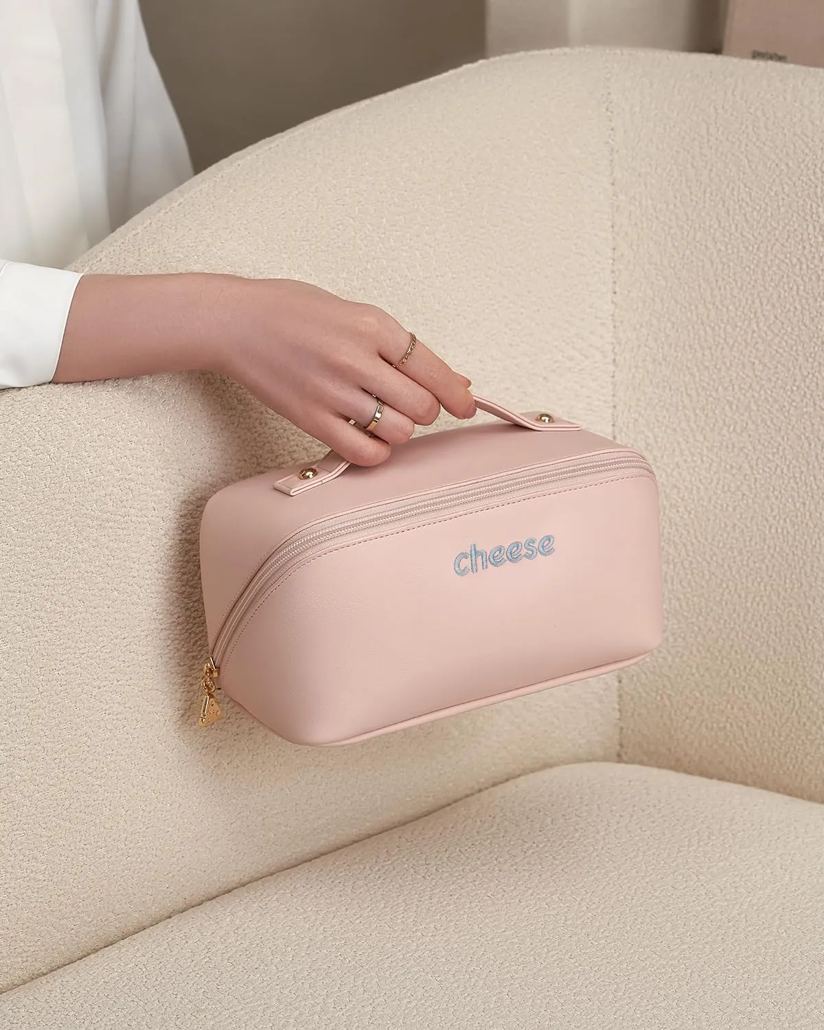 Dr.Cheese Travel Makeup bag, Large Capacity Cosmetic Bags, Waterproof Portable Makeup Storage Open Flat Toiletry Bag for Women, Skincare Bag with Divider & Handle, Makeup Brush Bag