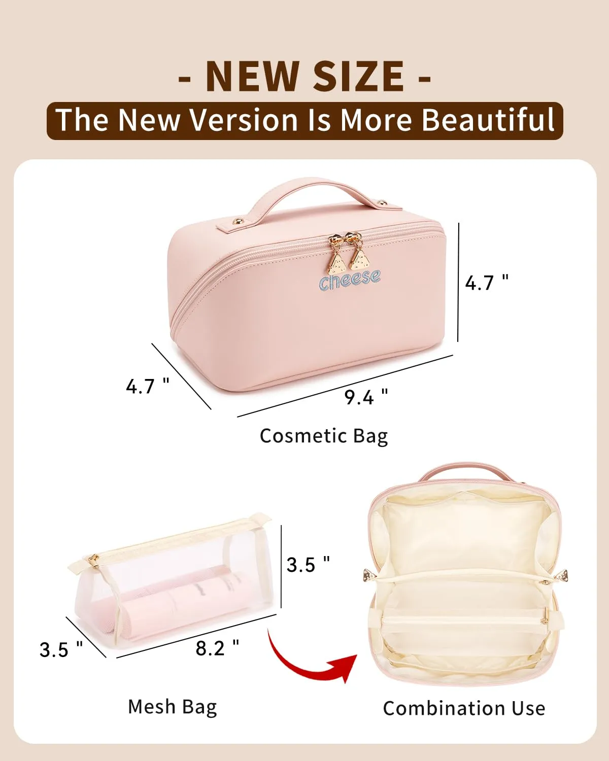 Dr.Cheese Travel Makeup bag, Large Capacity Cosmetic Bags, Waterproof Portable Makeup Storage Open Flat Toiletry Bag for Women, Skincare Bag with Divider & Handle, Makeup Brush Bag