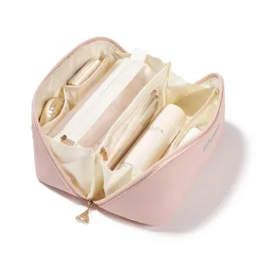 Dr.Cheese Travel Makeup bag, Large Capacity Cosmetic Bags, Waterproof Portable Makeup Storage Open Flat Toiletry Bag for Women, Skincare Bag with Divider & Handle, Makeup Brush Bag