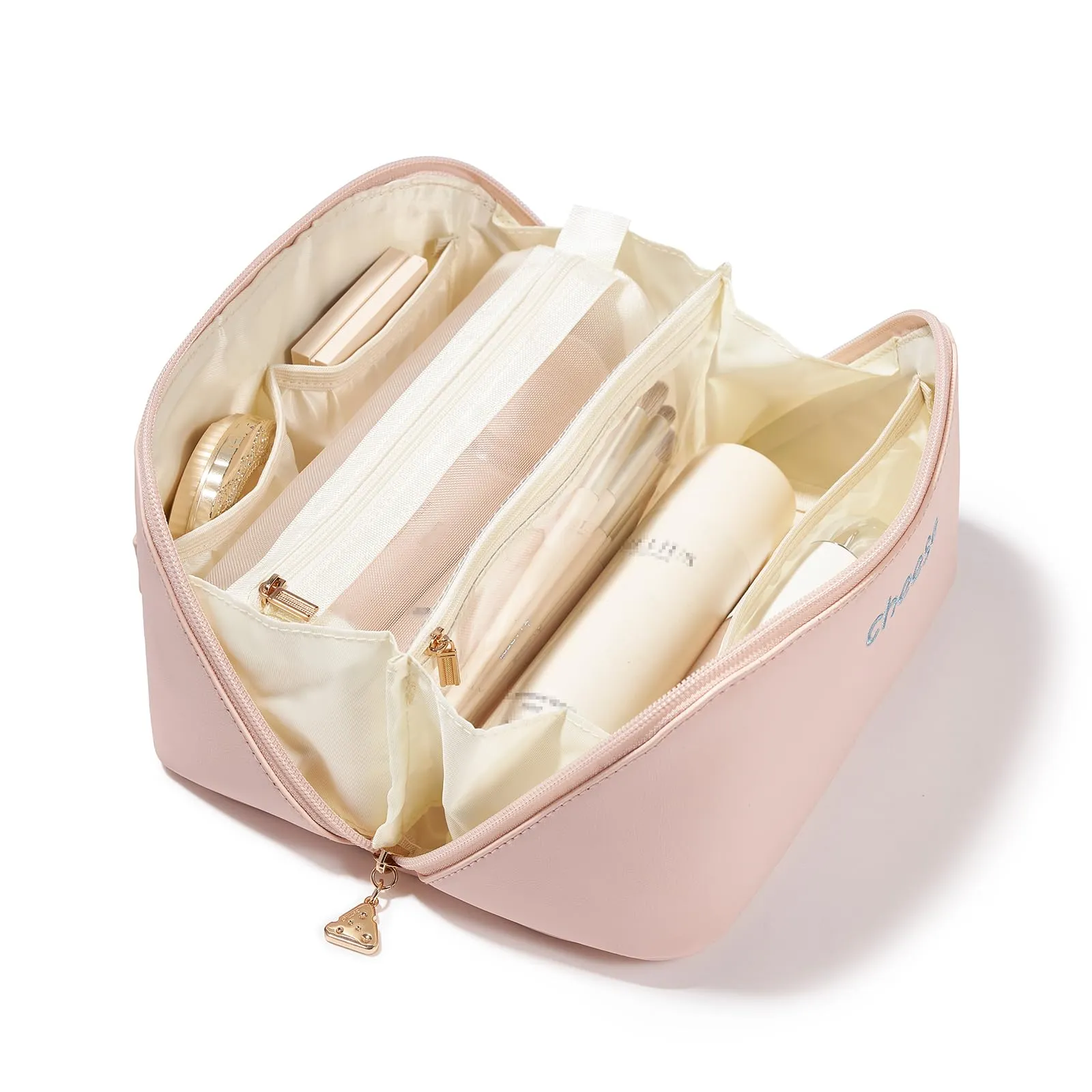 Dr.Cheese Travel Makeup bag, Large Capacity Cosmetic Bags, Waterproof Portable Makeup Storage Open Flat Toiletry Bag for Women, Skincare Bag with Divider & Handle, Makeup Brush Bag