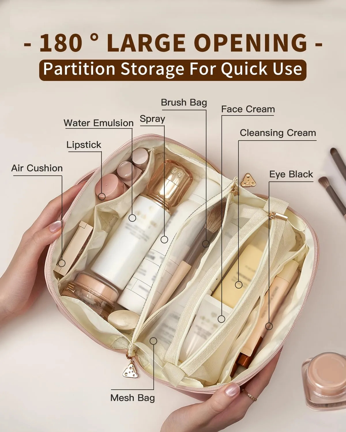 Dr.Cheese Travel Makeup bag, Large Capacity Cosmetic Bags, Waterproof Portable Makeup Storage Open Flat Toiletry Bag for Women, Skincare Bag with Divider & Handle, Makeup Brush Bag