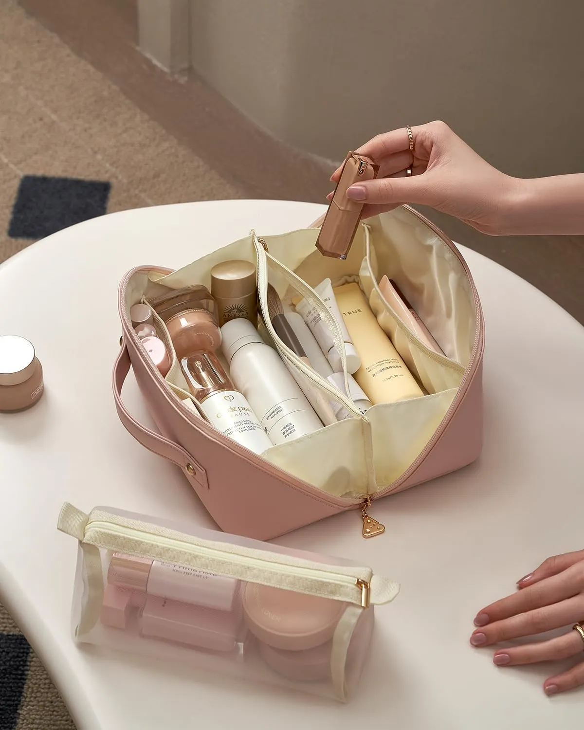 Dr.Cheese Travel Makeup bag, Large Capacity Cosmetic Bags, Waterproof Portable Makeup Storage Open Flat Toiletry Bag for Women, Skincare Bag with Divider & Handle, Makeup Brush Bag