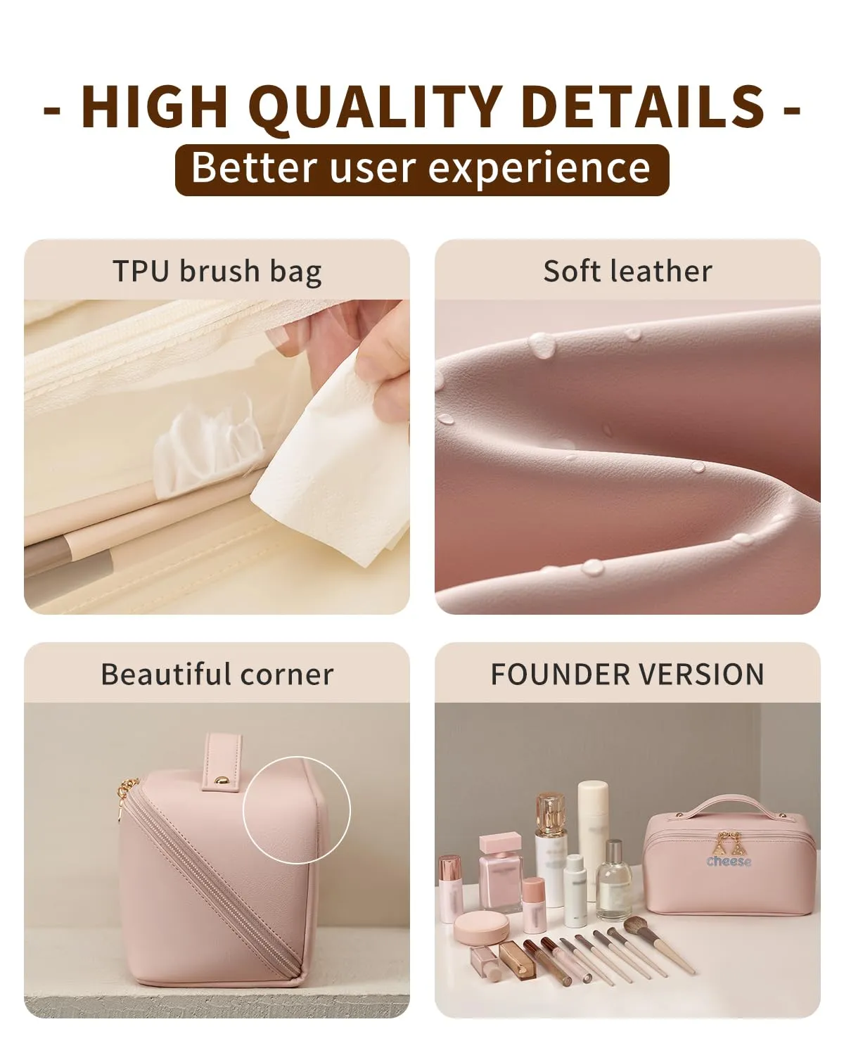 Dr.Cheese Travel Makeup bag, Large Capacity Cosmetic Bags, Waterproof Portable Makeup Storage Open Flat Toiletry Bag for Women, Skincare Bag with Divider & Handle, Makeup Brush Bag