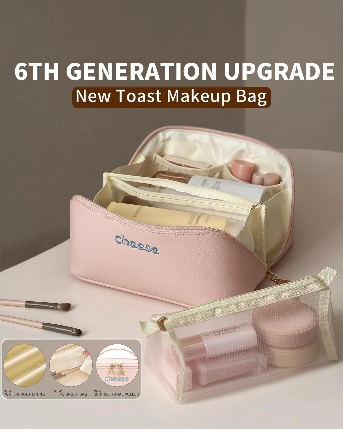Dr.Cheese Travel Makeup bag, Large Capacity Cosmetic Bags, Waterproof Portable Makeup Storage Open Flat Toiletry Bag for Women, Skincare Bag with Divider & Handle, Makeup Brush Bag