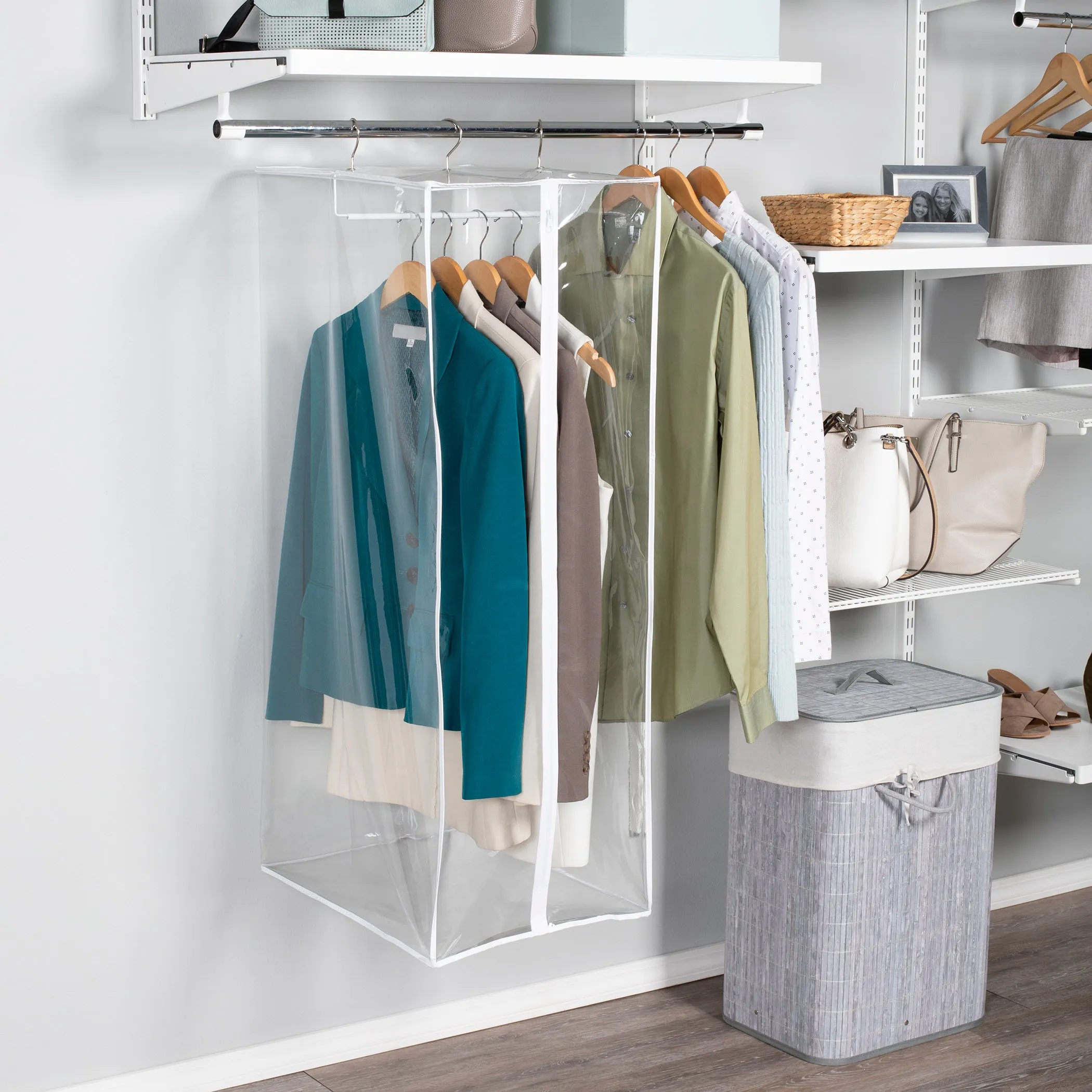Garment Bag - Clear Hanging Closet Organizer - Durable Zippered Cover with Rod Protects Dresses, Suits, and Jackets from Dust and Moist- Top Metal Frame to Keep All Your Stuff in Shape- 42" x 20" x 15