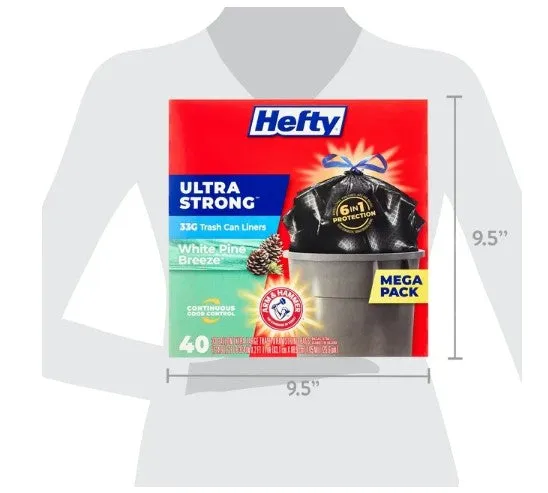 Hefty Ultra Strong Multipurpose Large Trash Bags, Black, 33 Gallon, 40 Count, White Pine Breeze Scent