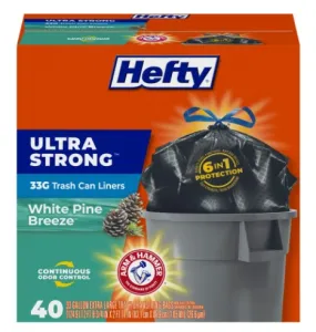Hefty Ultra Strong Multipurpose Large Trash Bags, Black, 33 Gallon, 40 Count, White Pine Breeze Scent