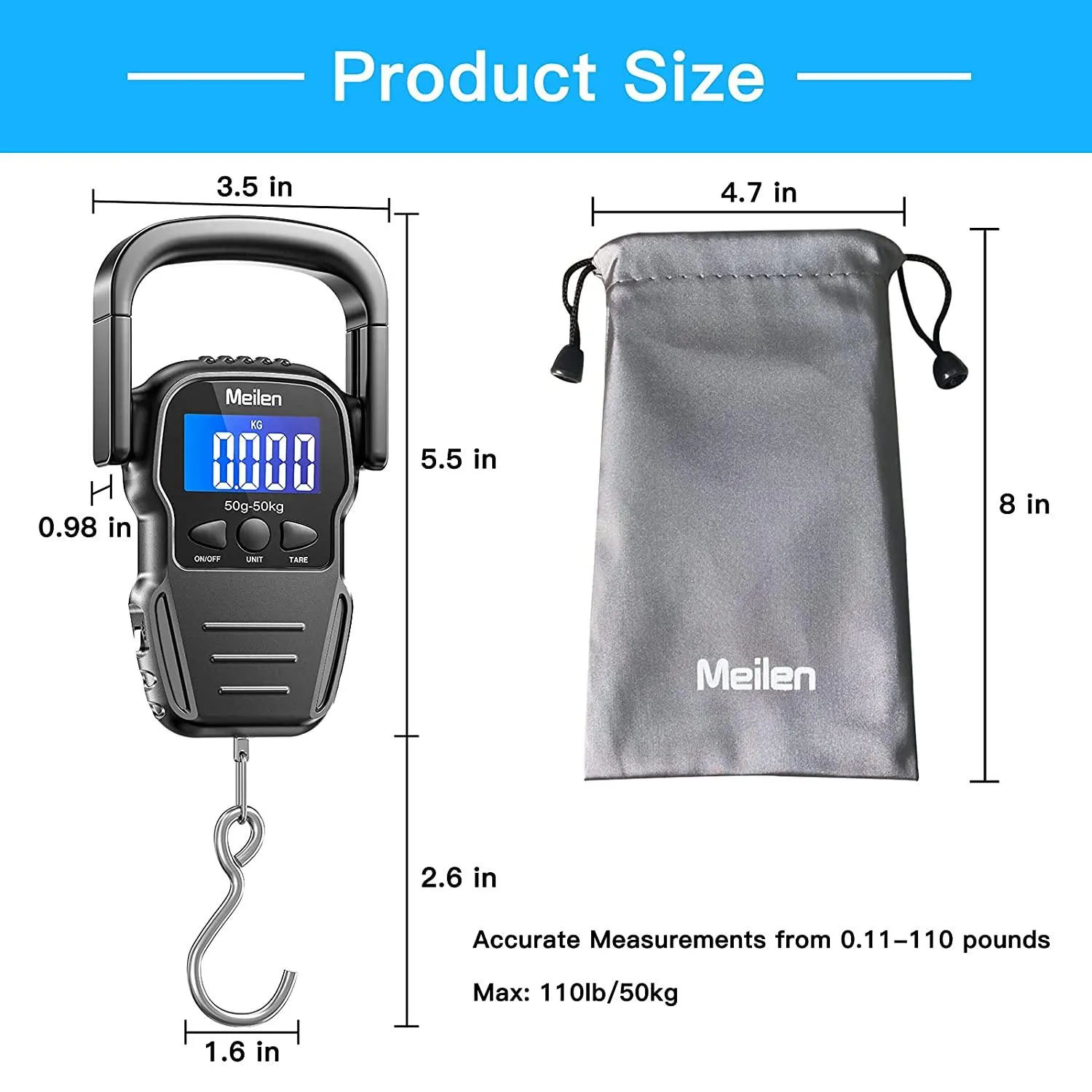 Multifunctional Travel Essential: 110lb/50kg Digital Fish Scale with Backlit LCD Display - Weigh, Measure, and Travel with Ease! (Includes Measuring Tape, Hanging Scale, 2 AAA Batteries)
