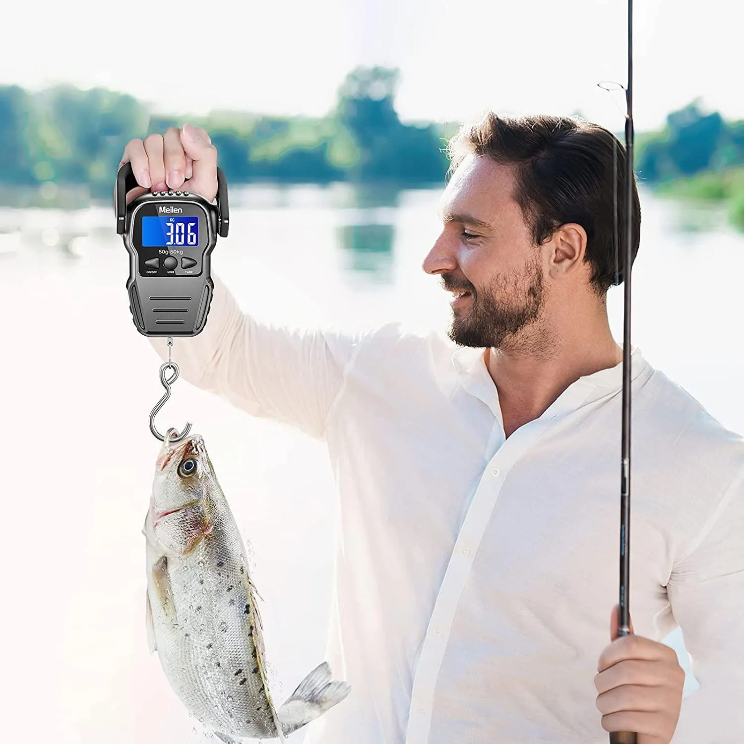 Multifunctional Travel Essential: 110lb/50kg Digital Fish Scale with Backlit LCD Display - Weigh, Measure, and Travel with Ease! (Includes Measuring Tape, Hanging Scale, 2 AAA Batteries)