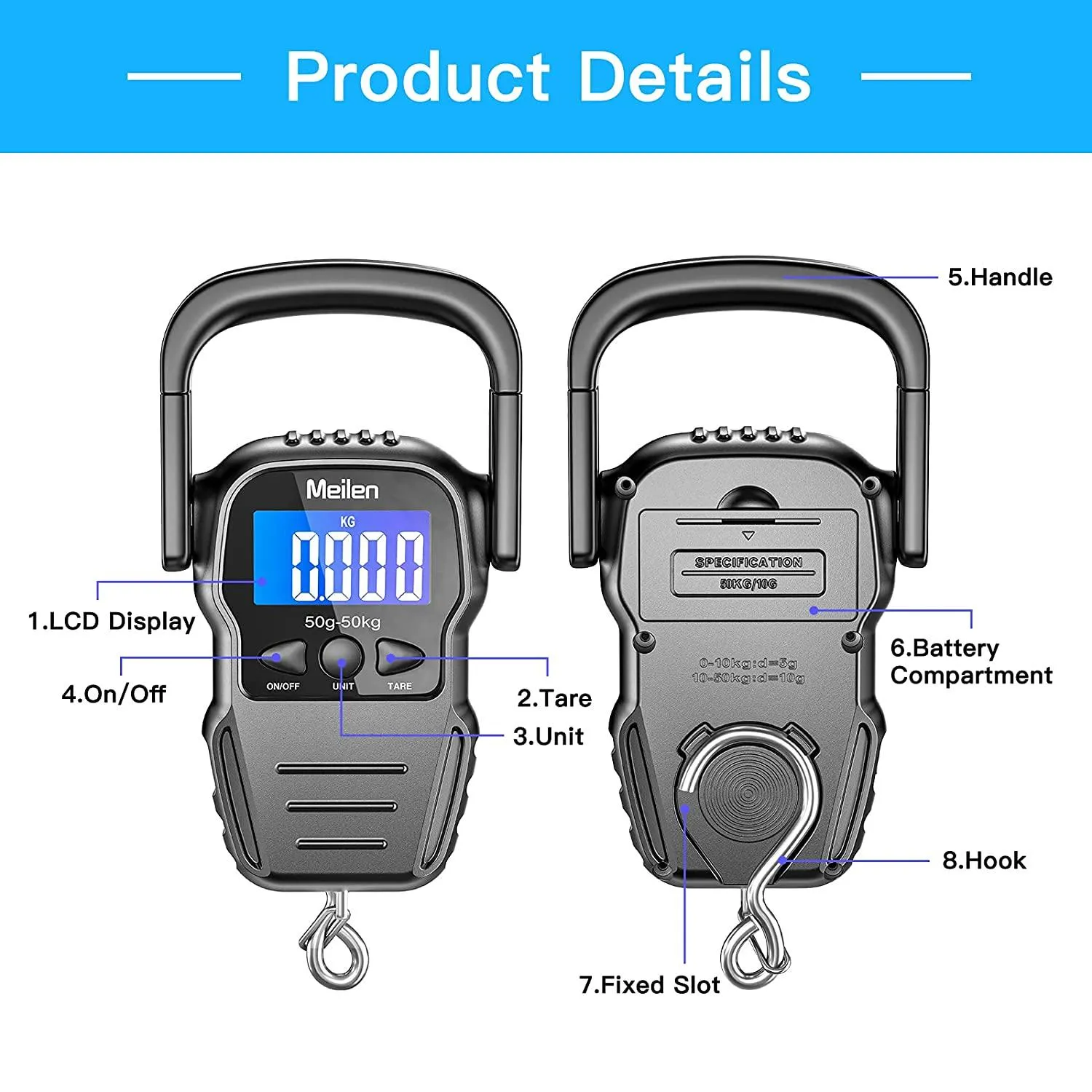 Multifunctional Travel Essential: 110lb/50kg Digital Fish Scale with Backlit LCD Display - Weigh, Measure, and Travel with Ease! (Includes Measuring Tape, Hanging Scale, 2 AAA Batteries)