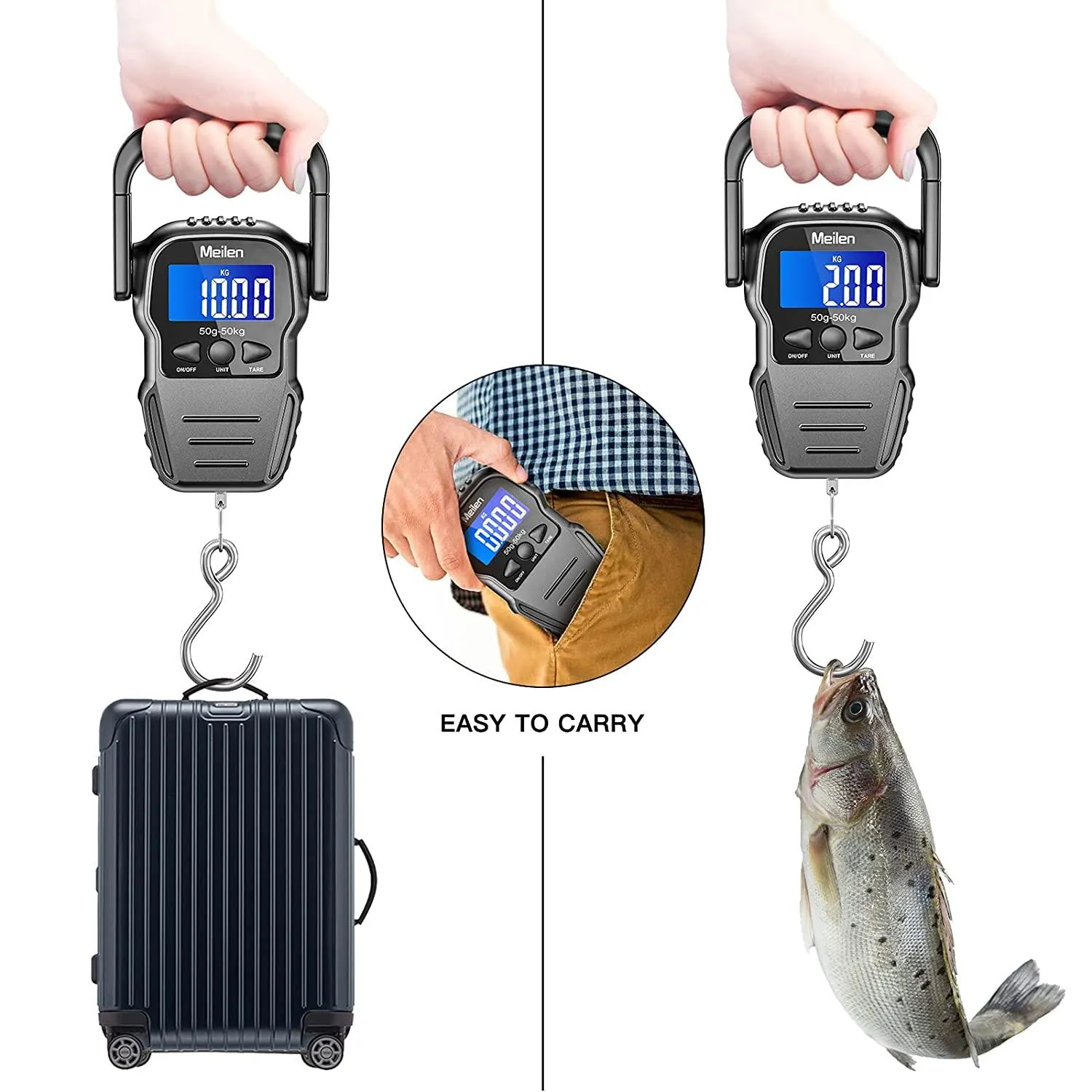 Multifunctional Travel Essential: 110lb/50kg Digital Fish Scale with Backlit LCD Display - Weigh, Measure, and Travel with Ease! (Includes Measuring Tape, Hanging Scale, 2 AAA Batteries)