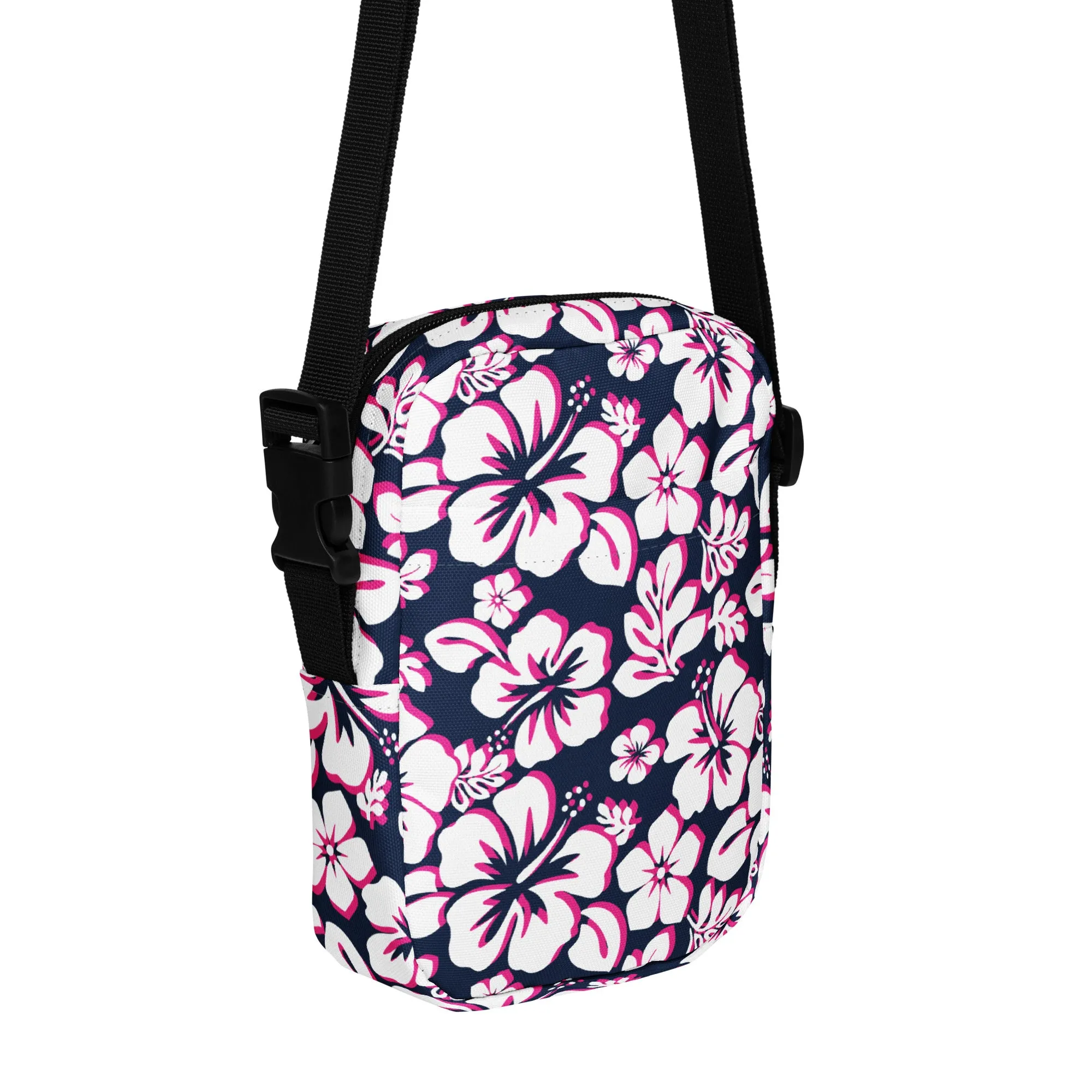 Navy Blue, Hot Pink and White Hawaiian Flowers Crossbody Bag