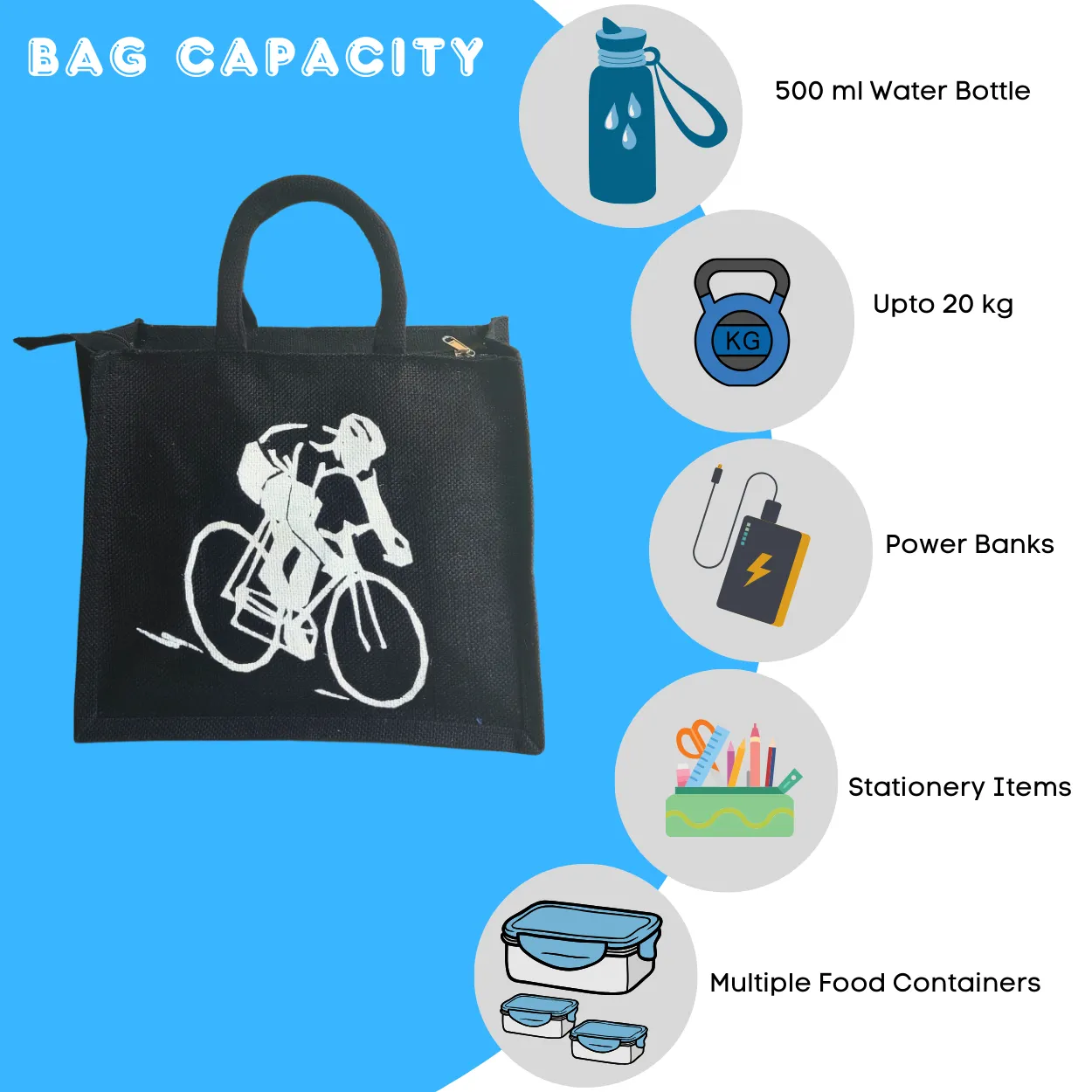 Printed Jute Standard Lunch Bag Cyclist Black Body