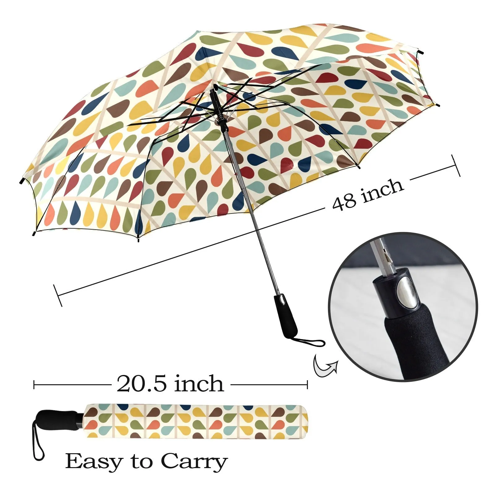 Scandinavian Retro Mod Leaf Umbrella, Mid Century Modern 60s Geometric Raindrop Pattern